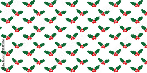 Seamless festive pattern with simple green holly leaves and bright red berries on a clean white background, ideal for Christmas wrapping paper, textiles, gift packaging, greeting cards and seasonal de