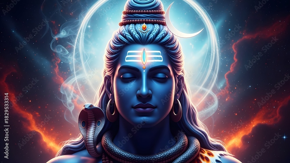 Fototapeta premium A captivating digital artwork of lord shiva meditating with a serene expression, adorned with traditional symbols and a glowing aura in a cosmic setting