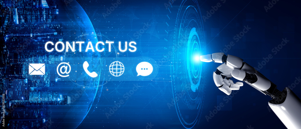Fototapeta premium AI supports customer contact with smart UI icons for email, chat, phone, and message to streamline communication and enhance customer support interaction. Artificial intelligence spline