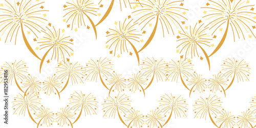 Golden fireworks on white background, Vector clipart of modern simple style confetti fireworks celebration banner for Christmas, new year, holiday, birthday, anniversary, victory, party, carnival.