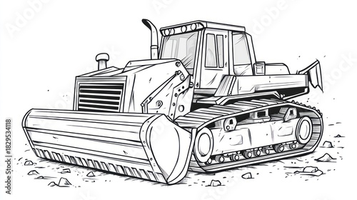 Cartoon black and white bulldozer on dirt