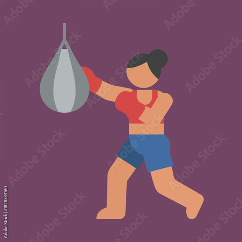 An illustration depicts a female boxer with dark hair tied back, wearing red gloves, a red sports bra, and blue shorts, hitting a gray punching bag against a purple background.