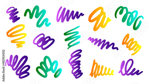 Set of random abstract colorufl lines doodles art - brush strokes doodle art