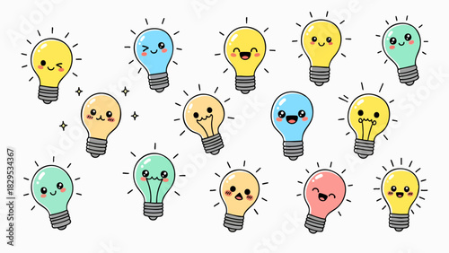 Set of Smiley Bulb Icons - Funny Bulb Icons Doodles Art