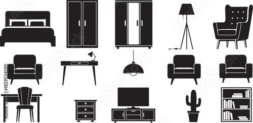 Assortment of furniture and home accessories in silhouette wardrobe closet