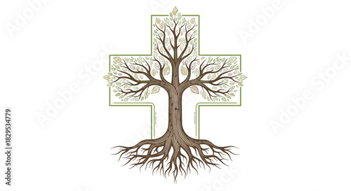 Tree of Life Cross Symbol Rooted in Faith and Growth, Generative AI.