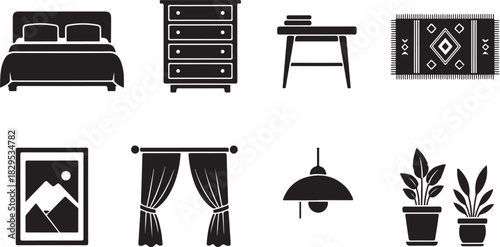 Black Silhouette Icons of Bedroom and Living Room Furniture dresser stool