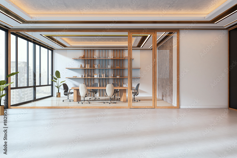 Fototapeta premium Modern empty corporate conference room with glass partition and city view, featuring stylish interior and natural lighting design elements. 3D Rendering