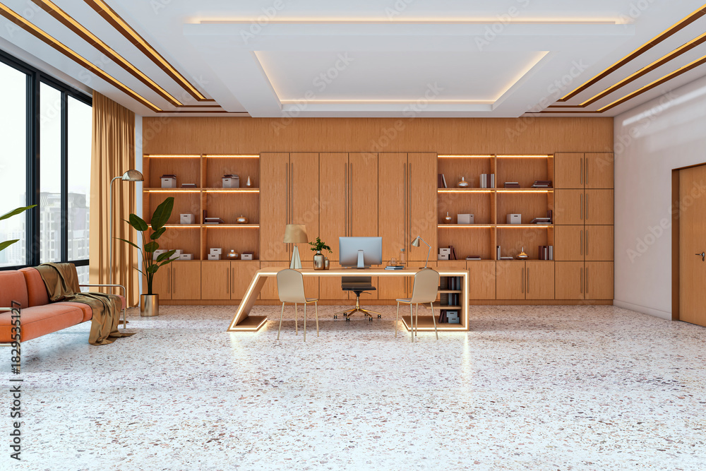 Fototapeta premium Modern corporate office interior with wooden desk, shelves, and panoramic city view through large windows in a bright, stylish room. 3D Rendering