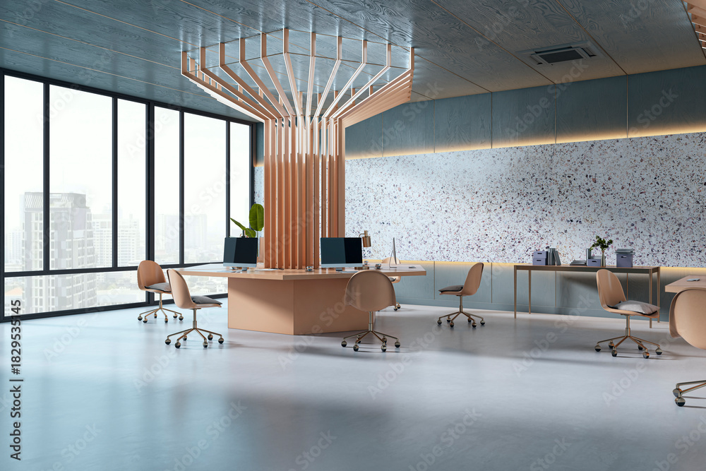 Obraz premium Modern coworking office interior with stylish furniture and city view through large windows, featuring elegant design and soft lighting elements. 3D Rendering