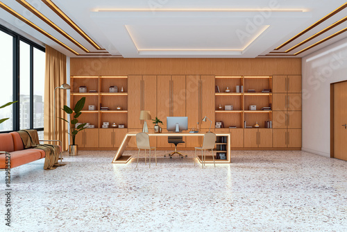 Modern corporate office interior with wooden desk, shelves, and panoramic city view through large windows in a bright, stylish room. 3D Rendering