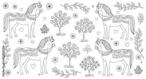 Elegant seamless pattern featuring adorned horses, blossoming trees, scattered flowers, and botanical elements, ideal for coloring books and textile design.