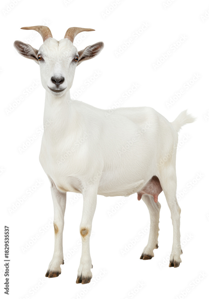 Obraz premium An adult female dairy goat with pristine transparent fur, curved horns, and a healthy udder stands with a calm demeanor in a professional studio with copy space. Agricultural portrait concept