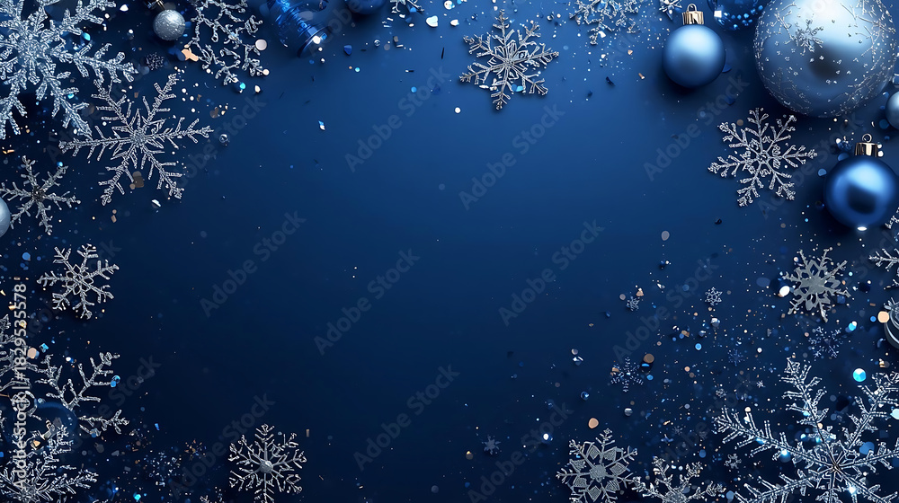 Fototapeta premium Winter Wonderland: Delicate snowflakes and gleaming ornaments frame a space for winter festivities. The deep indigo hue evokes the serene ambiance of the festive season.