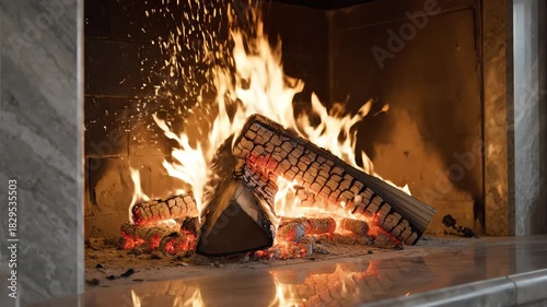 Cinematic close-up shot of warm flames crackling and consuming logs within a luxurious stone fireplace providing comforting winter atmosphere interior, burning, detail