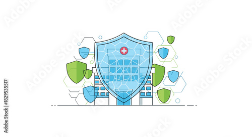 Hospital Building Protected by Shield and Clouds, Generative AI.