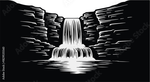 Majestic waterfall cascades into a serene pool surrounded by rugged cliffs in a striking black and white illustration.