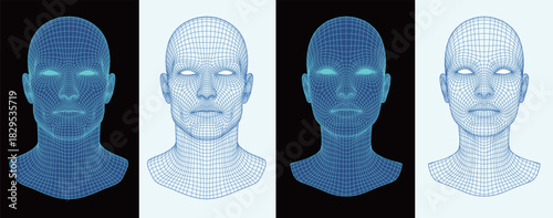 Set of 3D wireframe human heads. Male and female cybernetic faces for Artificial Intelligence, biometrics, and facial recognition concepts. Blue digital mesh isolated on black and white backgrounds