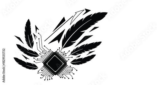 Futuristic microchip with abstract feathers symbolizing innovation and digital flight.