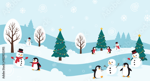 Playful penguins and happy snowmen in a festive winter landscape with decorated Christmas trees, bare trees, and falling snow.