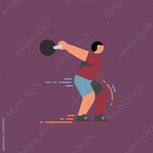 A vector art image shows an athletic man, with a dark hair, wearing a maroon shirt and blue shorts, throwing a black sphere-shaped weight.