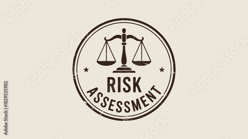 Risk assessment stamp with scales of justice inside a circle and two stars on a light background