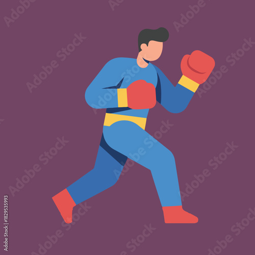 A cartoon-style illustration of a boxer in a blue outfit with red gloves and shoes, posed in a fighting stance, set against a purple background.