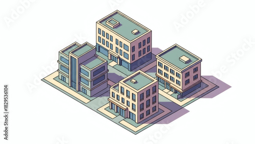 Fototapeta Naklejka Na Ścianę i Meble -  Isometric illustration of a small city block with four buildings, sidewalks, and shadows on a white background.