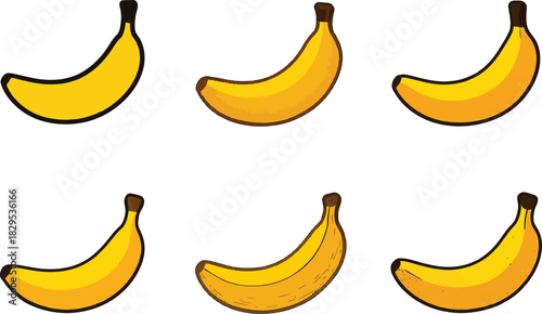 Collection of six hand drawn yellow bananas in a grid pattern