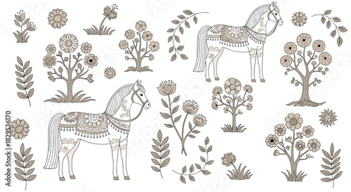 Beautiful collection of traditional Indian folk art motifs featuring two decorated horses, various stylized trees, and intricate floral patterns.