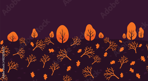 Stylized autumn landscape at dusk with vibrant orange trees, bare branches, and fallen leaves on dark ground.