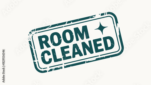 A green rubber stamp with the words room cleaned and a star on a white background indicating cleanliness