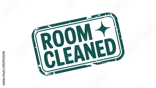A green rubber stamp with the words room cleaned and a star shape on a white background angled slightly