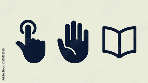 A set of three dark blue icons depicting a hand touching a screen, a hand raised, and an open book symbol