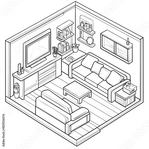 Cozy isometric living room interior design illustration, perfect for home decor websites
