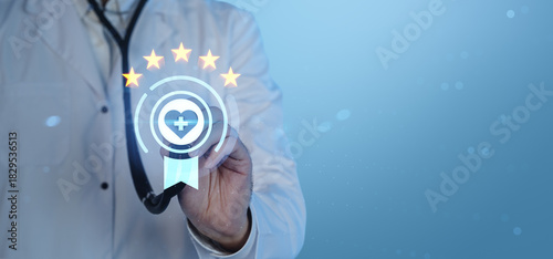 Doctor touching virtual five-star healthcare rating icon representing medical service quality and patient feedback on blue background conceptually.