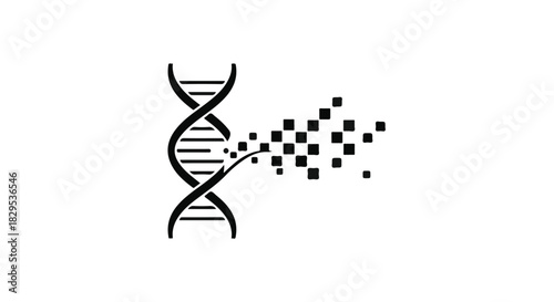 DNA strand fragmenting into digital pixels, symbolizing genetic data or breakdown.