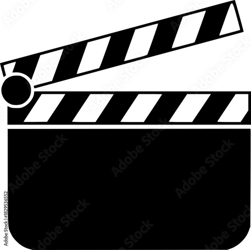 simple black silhouette of a film clapperboard with an elevated clapper