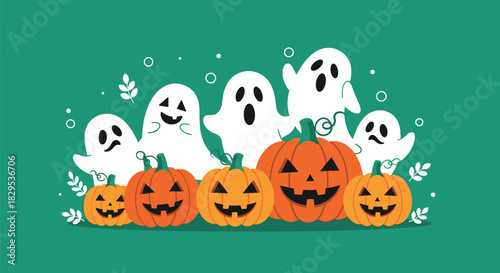 Group of cheerful cartoon ghosts and smiling jack-o'-lanterns for a fun Halloween design on a teal background.