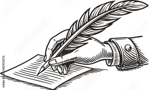 Elegant single black feather quill pen drawing with inkwell and literature symbol vector art illustration