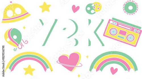 Colorful seamless vector pattern set with cute cartoon birthday party icons, flowers, hearts, and kids' alphabet letter illustration design