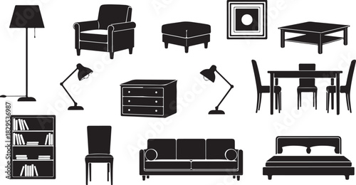 Collection of Black Silhouettes of Furniture and Home Decor Items interior