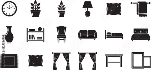 Collection of Black Silhouette Icons Representing Home Furniture and Decor clock