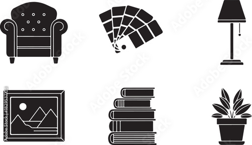 Collection of six black silhouette icons for home interior design armchair color swatch