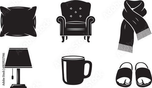 Cozy Home Interior Icons in Silhouette pillow cushion