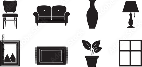 Collection of eight black furniture and home decor icons on white Keywords: chair, sofa, vase