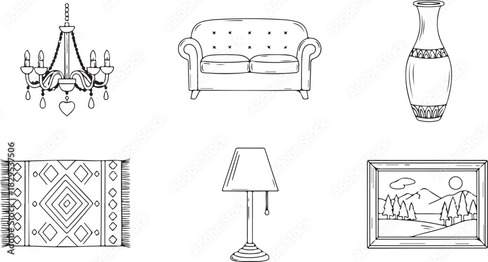 Fototapeta premium Hand- Drawn Outline Icons of Home Furnishings chandelier sofa