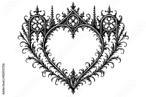 intricate gothic heart-shaped frame with ornate medieval architectural details, pointed arches, floral flourishes, quatrefoil motifs, and decorative spires in detailed black and white illustration
