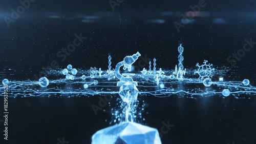 Continuous, seamless looping motion graphic of interconnected glowing blue data paths linking several abstract representations of medical devices on a dark background digital connection, communication