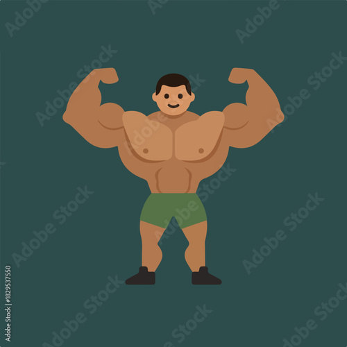 A cartoon image shows a large, muscular man with tan skin wearing green shorts and flexing his arms. His arms and chest muscles are very large.